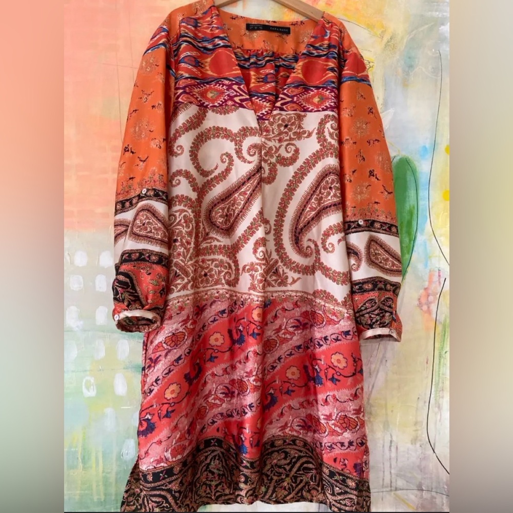 Zara Orange And Black Patterned Silk Dress - Size… - image 3